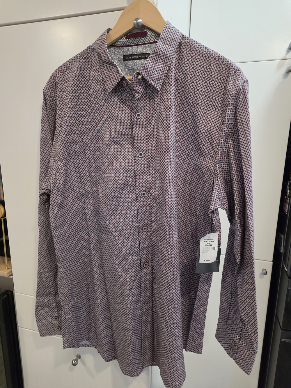 NWT Saks Fifth Avenue Geometric Print Dress Shirt XL Burgundy Grey Paisley
